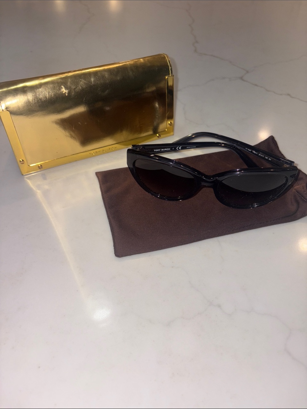Tory Burch Black Cat-Eye Sunglasses with Gold Case